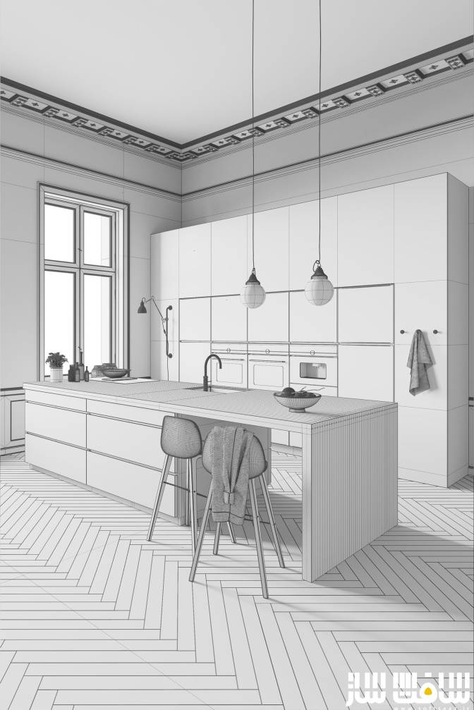 دانلود مدل سه بعدی نمای داخلی آشپزخانه سفید