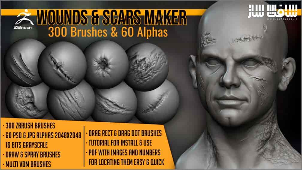 دانلود پک Wounds and Scars Maker شامل 300 براش ZBrush و 60 آلفا 